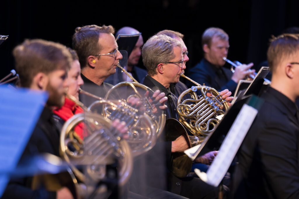 The horns section of the Milwaukee Symphony Orchestra at the Holiday Pops Concert to benefit the West Bend COLUMNS Scholarship Foundation